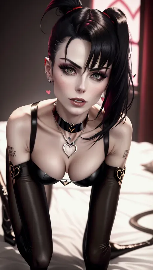 (Lena Meyer-Landrut), heart nipple patches, heart choker, heart necklace, succubus, colored, black hair, all fours, perfect tits