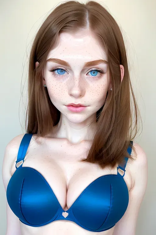 Oval heart face shape, angular jawline, barely visible freckles on the cheeks, height: 5 feet 3 inches, pale skin, brown hair, blue eyes, hair that just goes past her shoulders, rectangle-shaped figure, pronounced hips, good shoulders, and a well-defined waist, c cup, shaved pubic hair, amazing ass, full body