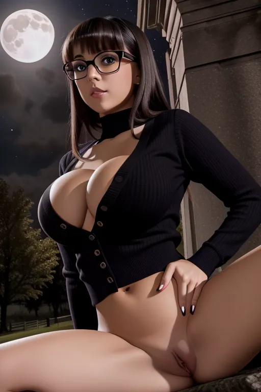 Photo of velma from scooby doo, young woman, wearing an orange sweater, wearing black rimmed glasses, wearing a plaid miniskirt, wearing knee high socks, looking at away from Camera, beautiful face, beautiful eyes, small pupils, short brown hair, (((all clothing is torn exposing her big breasts))), ((lifting up her shirt to expose breasts)), in dark cemetery, at night, full moon, volumetric lighting, focused, crawling on all-fours, upskirt, fingering pussy, erotic <lora:dpmg_scared_expression:0.5>