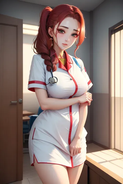 <lora:dpmg_skirt_tug:1>, 1girl, clothes tug, nurse, infirmary, masterpiece, best quality, highly detailed
