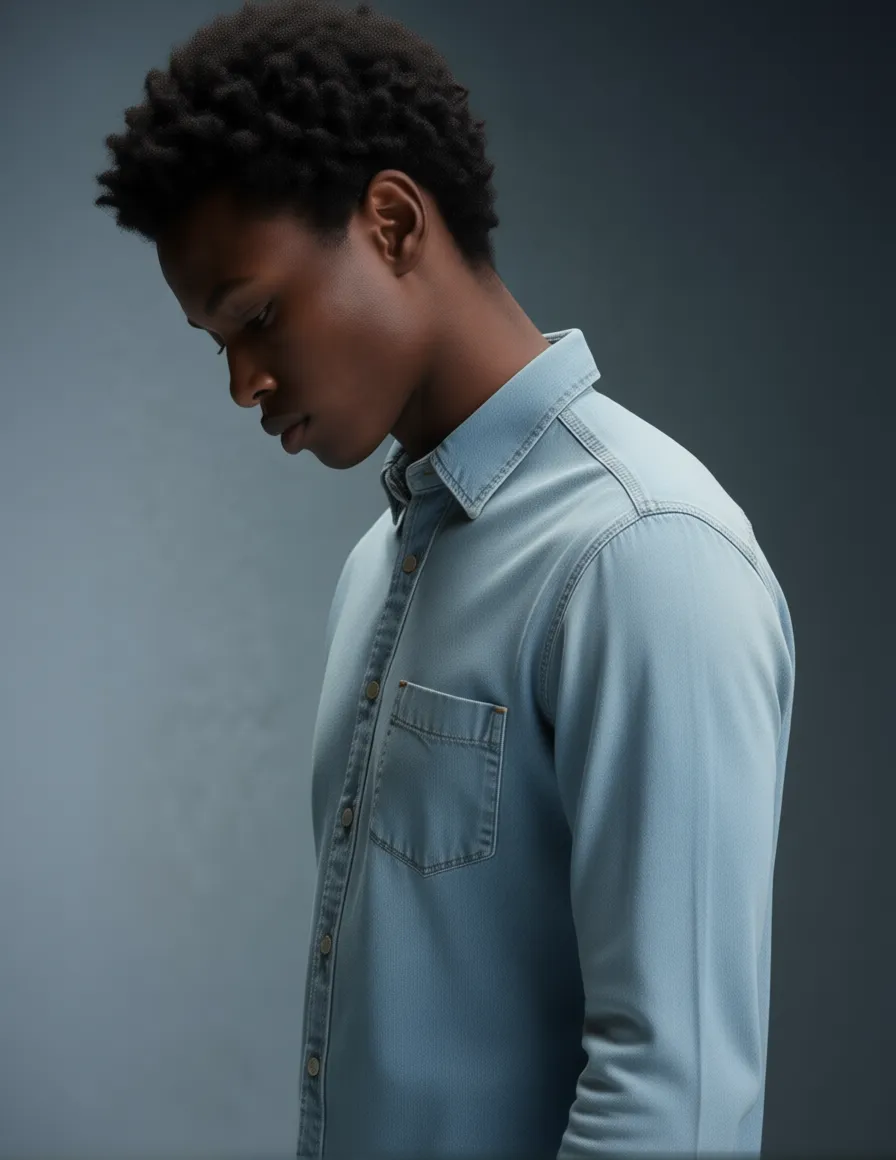 Keep the character and pose in image 1 unchanged, put this light blue denim shirt from image 2 on the character, preserve the original facial features, hair, body shape and pose, the denim shirt fits naturally on body, realistic denim fabric texture, natural clothing folds, keep the original background and original lighting, high fashion editorial photography, sharp details