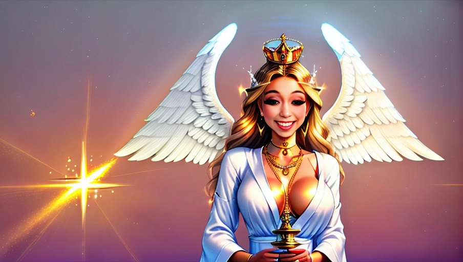 a 64k high detailed photo of body shot of straight Female Angelic HDR Professional ((In clothing Robes))) ((Has Attire)) Godly Ultra Detailed Best Quality Most Detailed ((Angel Wings)) Angelic Lighting Love Hope Magic casting Crown Smiling Queen happy Glory Warrior Angels Angelics Positivity Happiness ecstasy enraptured sweaty saving God Royalty Morality Goodness True Good Power Force Authority Ethical Saviour Halo short Hair Always and Forever Sentimental in heat hot ultra hot best best lighting tantric Neutral Brilliant Logical Compassionate Perfect Perfection Exciting Integrity Winged Courage Purity Harmony Beauty mark on upper lip ((Female)) (Ethereal Lighting) (Celestial Lighting) (((With Clothes))) ((With God Item)) (((God Tech))) (God Magic) with items of power God Wings ((Afterlife Light)) (Perfect Tits) (Perfect Ass) (Love Worship) ((Happy Expression)) ((smiling)) AJH True Happiness (Pleasure) (True Love) ((Angelic Hair))