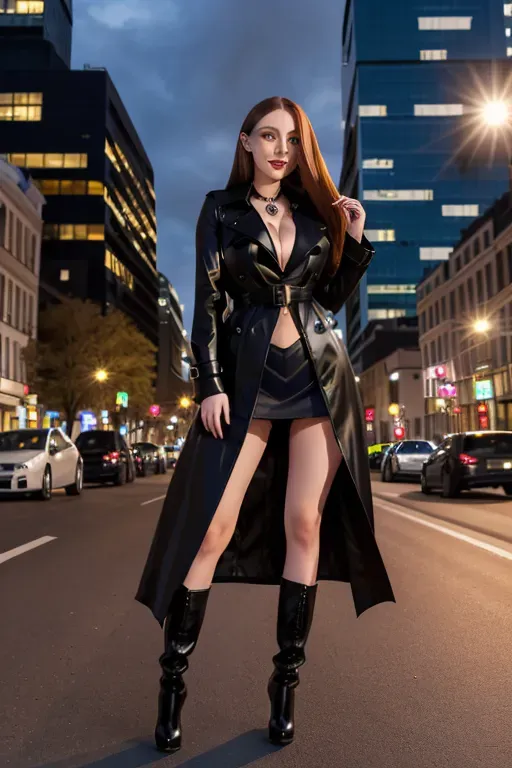 full body, chestnut hair, green eyes, short girl, black miniskirt, black high heel boots, blue trench coat, looking at viewer, smiling, long hair, pale skin, black necklace, black blouse, 24 years old, giant breasts, cute face, pov, wavy hair, city environment, night time