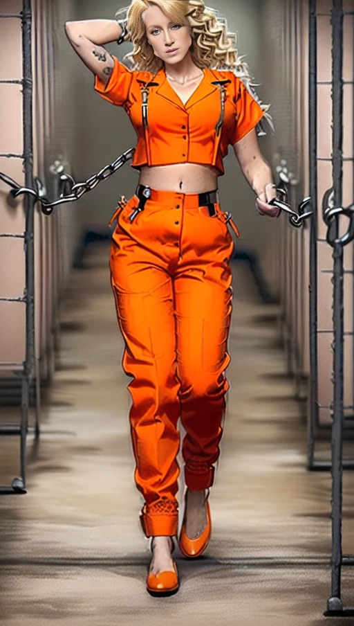 A (((very small-breasted))) Blonde Female in sexy ((prison death row two-piece orange outfit)), ((hands cuffed together in steel handcuffs)), pants and button down shirt, gorgeous, beautiful body, wavy hair, big thighs, ((((tiny y boobs)))), erotic