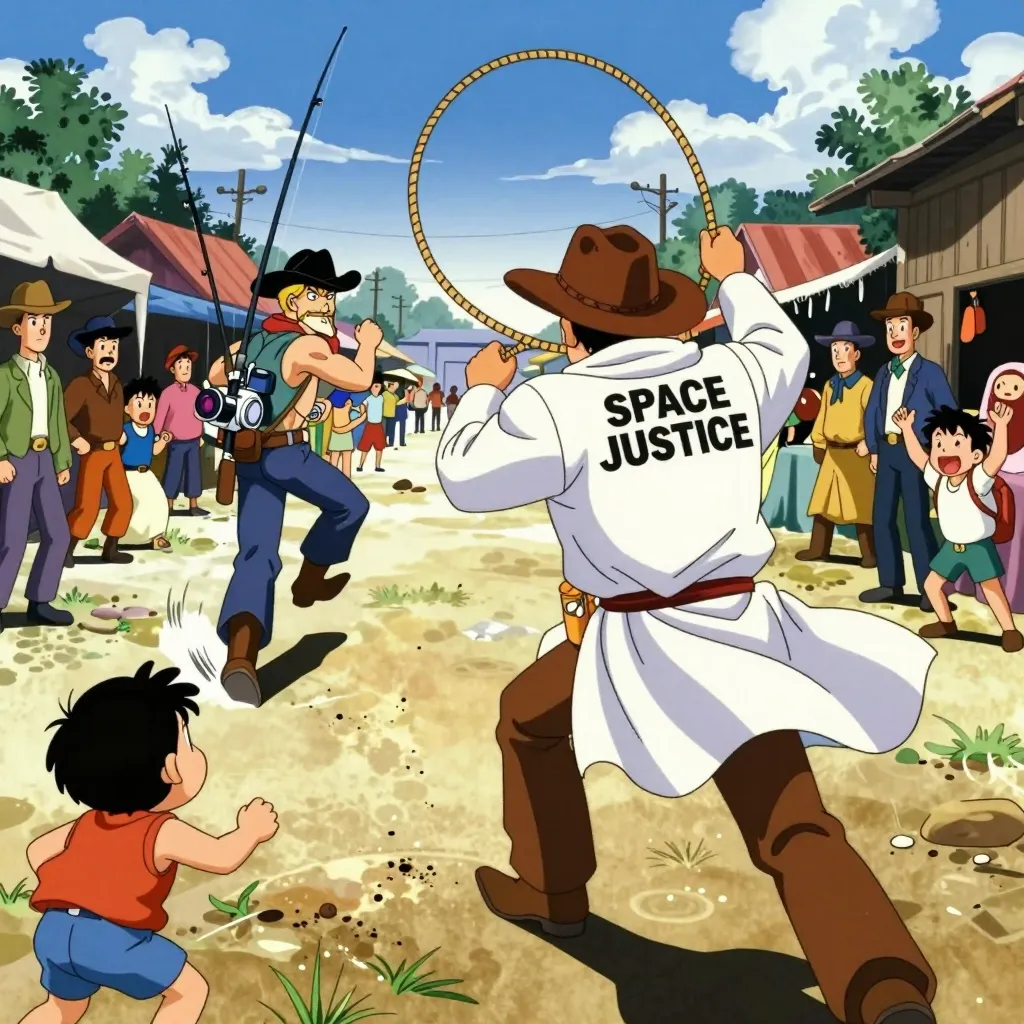 The space cowboy chases the deranged fisherman underneath the causeway, eager to collect on his bounty. Fishing rods and lines hang off the back off the fishermen as he darts between the bustling market crowd. We see the back of the space cowboy in his space poncho emblazoned with the words SPACE JUSTICE, spinning his lasso over his head. A child on the sidelines excitedly cheers the cowboy. 1990s hand drawn anime style with strong fluidity