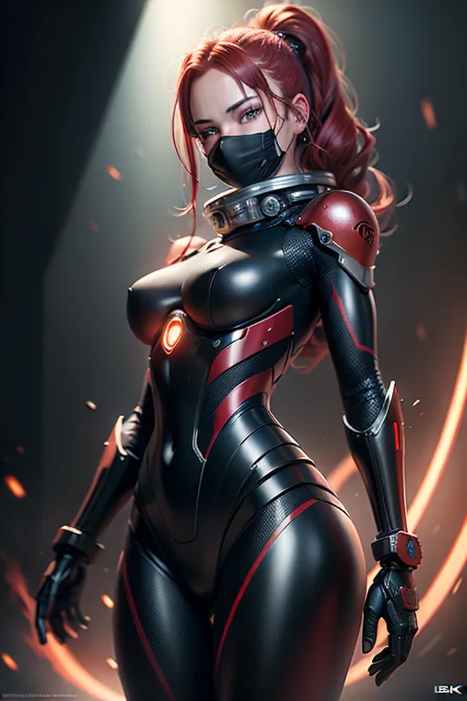 8k, Female robot, Mafia-suit, face mask, Space Ship background, black-red highlighted hair, look at the camera, red-colored eyes, metal skin that glistens in the sun, full body image (beautiful detailed eyes, symmetrical eyes), dramatic lighting, (photorealism:1.5), (photorealistic:1.4), (8kRAW photomasterpiece), High detail RAW color photo, a professional photorealistic, (highest quality), (best shadow), (best illustration), ultra high resolution, highly detailed CG unified 8K wallpapers, physics-based rendering, photo,realistic, realism, high contrast, hyperrealism, photography,