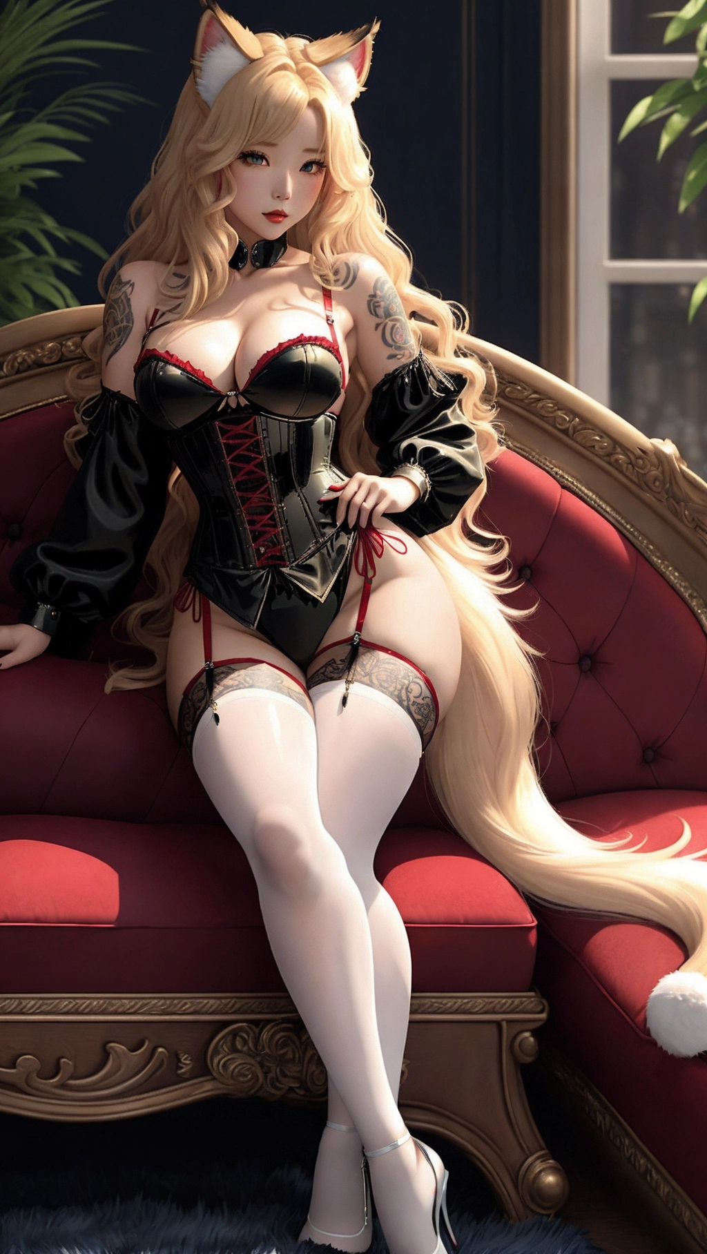 Mei the catgirl woman has long curly blonde hair that falls in waves down to her waist. Her eyes are a deep blue, and her ears and tail are a soft fluffy white. wearing a tight, red satin corset that brings out the curve of her hips, and a matching red thong. Her long legs are clad in sheer black stockings that come up over her thighs. She has intricate tattoos that cover her body. She is sitting on a plush velvet chaise lounge, lounging lazily and flicking her tail back and forth.