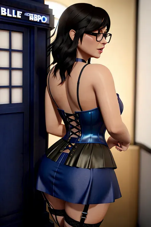 photorealistic,slightly chubby woman,shoulder-length dark hair,glasses,small breasts,small ass,TARDIS dress cosplay,corset,thigh length skirt,blue panties,tattoos,surprised,full body,rear view,highly detailed,realistic face texture