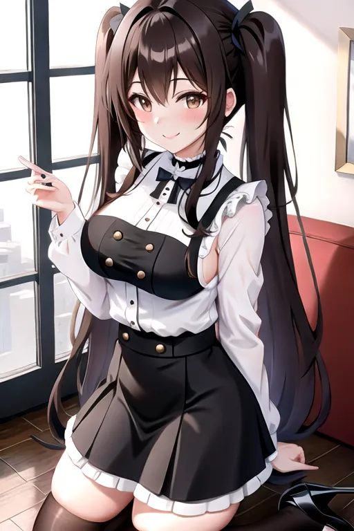 long hair, brown hair, brown eyes, black maid uniform, miniskirt, giant breasts, looking at viewer, in living room, high heels, pale skin, choker, pigtails, smiling