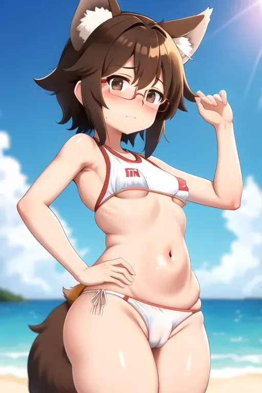 tomboy,glasses,small boobs,bikini,blush, butt,5 feet tall,cameltoe, wolf ears,wolf tail,gym,brown hair,wider hips