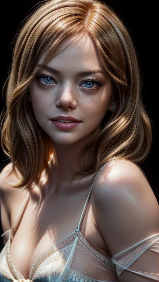 A high resolution highly detailed portrait photography of Emma Stone, seductive smile, glamorous hairstyle, cleavage,
wearing a white sheer top,
realistic detailed hair, realistic detailed skin, realistic detailed eyelashes, detailed eyes,
professional makeup, accurate skin,
accurate eyes, accurate teeth, accurate mouth, accurate skin color, accurate skin tone,accurate hair color, accurate hair tone,
pretty teeth, textured skin, pores,
masterpiece, crystal clear, subsurface scattering, professional lighting, black background,
<lora:dpmg_add_detail:1>,
(RAW photo:1.2),
(photorealistic:1.4),
(masterpiece:1.4),
(best quality: 1.2),