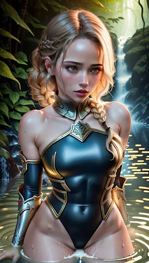 (Best of the best quality),(an 8k ultra Realistic),((full body shot by national geographic of a single woman)),(young Rachel McAdams),((she is in knee deep water ambushed by tentacles)),((wearing Fantasy warrior princess armor with metallic accents intricate detailing)),((cameltoe)),((athletic toned body)),(((accurate detailed face))),((accurate female Anatomy)),(five finger per hand),(pale tanned skin tone),(36 c-cup soft breast),(detailed dense warm humid jungle wooden bridge overgrown background on a sunny day),shallow water,((masterpiece standard for features),(skin is lightly glistening with sweat),((detailed french braid hair features)),((detailed facial features)),((detailed arms features)),(beautiful mouth lips),(perfect pussy),correct human tongue,correct human ears,(pit of tentacles),((she showing a <lora:dpmg_ahegao:0.4> facial expression)),((dpmg_tentacle_sex_v1)), ((rough sex)),((tentacles are accurate)),((an extra Large tentacle is fucking her pussy:1)),((gaping butthole)),((tentacles have pinned her body and restraining her body )),dpmg_face_cum_v1,((her body is covered by realistic human cum))