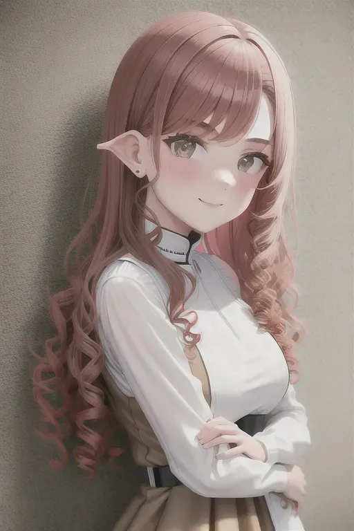 Teenage girl, 1girl, wearing medieval farmer dress, simple medieval dress, brown dress, medieval, redhead, medium breasts, looking forward, gentle smile, good human anatomy, good face structure, sparkling eyes, no background image, pure white background, red curly hair, hands at the side, White background, front view, simple sandals, white wall, in front of white wall. 1 teenage girl in front of white wall