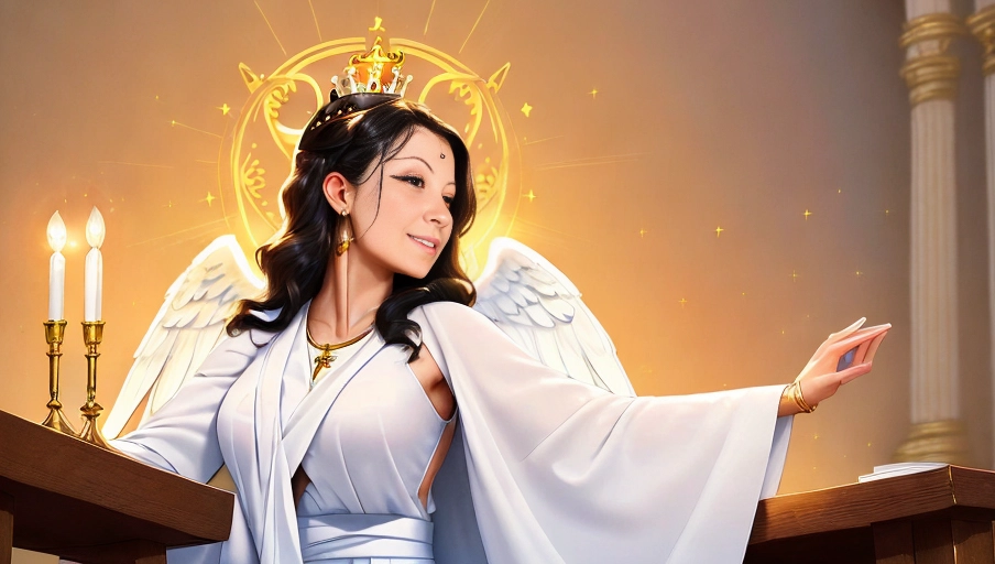 a 64k high detailed photo, ((female)), Intimacy, saint, priestess, religion, Sex Religion Tones, Intimacy Religion, Ultra Detailed, Best Quality, Most Detailed, (Angel Wings), Angelic Lighting, Love, Hope, Magic casting, Crown, Queen, Smiling, happy, Glory, Warrior, Angels, Angelics, Positivity, Happiness, ecstasy, enraptured, sweaty, saving, God, Royalty, Morality, Goodness, True Good, Power, Force, Authority, Ethical, Saviour, Halo, Always and Forever Sentimental, in heat, hot, ultra hot, best, best lighting, tantric, Neutral, Brilliant, Logical, Compassionate, Perfect, Perfection, Exciting, Integrity, Winged, Courage, Purity, Harmony, Beauty mark on upper lip, Family, Titan, Primordial, Protogenoi, Happiness, Happy, True Happiness, The Light themes, Heavenly Themes, Life, Death, The Rise, clean, Sexiest, Prettiest, Most, Beautiful, Angelic, Speech, ecstasy impression, (Happy Expression) ((Love Worship)) (with white Robes) (Black Hair)