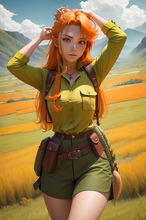 female adventurer, expansive grass lands, orange hair, light green shirt, fair skin
