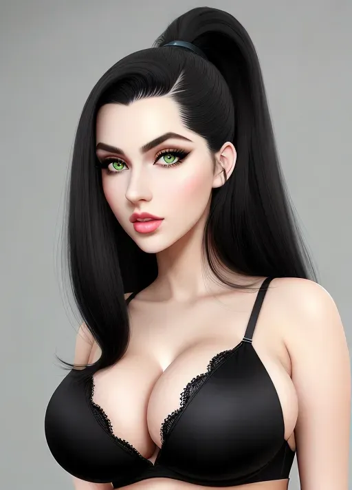 Gorgeous European babe, raven-haired beauty, black hair, one ponytail, pale skin, photo gorgeous attractive face, green eyes, large full lips, huge gigantic boobs, (gigantic boobs), overflowing black bra, photorealistic, best quality, ultra high resolution