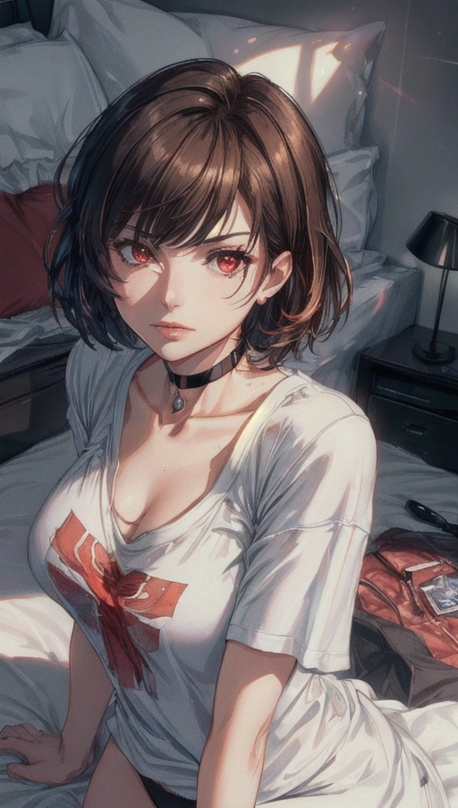 (Best quality, high quality cinematic film wallpaper, high res, 4k, HDR, UHD), 1 adult woman, (a breathtaking masterpiece of extreme close up portrait of an adult woman waking up in a modern cluttered bedroom), (short (messy brown hair) with bob cut, (oversized tshirt) and panties, black choker:1.2),
(correct slender human anatomy), (extremely detailed half closed red eyes looking at viewer with (sleepy expression):1.27), (extremely detailed view of realistic face with (sleepy expression):1.32), (beautiful detailed full lips frowning:1.27), zoomed in detailed view of realistic face and boobs,
(dim room early in the morning with soft sun rays), ethereal, expressive pose, hyperrealistic skin with pores and blemishes, five slender high quality fingers, (pov from high above looking down at her), niijima makoto from persona 5,
close up cinematic composition portrait of a sleepy woman lying in bed of in a cluttered modern highrise apartment bedroom, soft focus, sharp and clear image, (candid:1.1), (flat shading stylised art:1.07), <lora:dpmg_add_detail:0.72>, (physically-based ray tracing, photon mapping, photorealistic:1.45), ((high resolution masterpiece, 4K, HDR, UHD:1.45)),