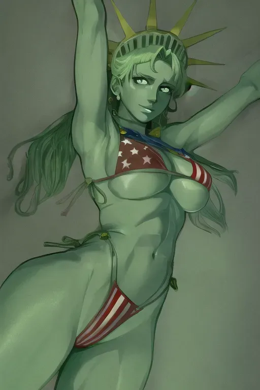 Lady Liberty, American flag bikini, One Piece art style, green skin,
(((five fingers per hand))),two arms, two legs,erotic,(pixiv),best quality,masterpiece,(professional lighting),realistic abs
