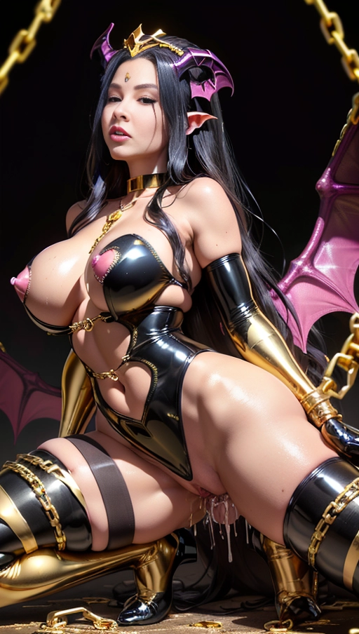 best quality, (((ultra high res))), (detailed face and eyes), (succubus), hearts, perfect face, necklace, (big choker), golden earrings, jewelry, tail, gloves, snake, ((gold)), (((big pink diamond diadem))), (big pink diamond crown), hourglass body, snake coiling, ((golden latex)), golden snake, ((handcuffs)), handcuffed, ((((chained)))), (tied up), chains, chain, (((((golden symbiote suit))))), ((((symbiote girl)))), (((succubus symbiote))), ((burgundy cape)), (((succubus wings))), (((big cameltoe))), (((((having sex))))), ((((black hair)))), ((very long hair)), ((straight hair)), ((huge boobs))