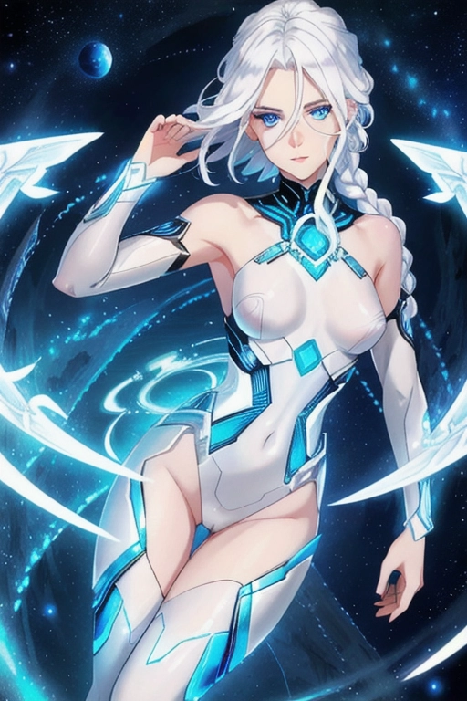 White hair in a braid, blue eyes, elden ring, erotic, high detail, 4k, celestial, holographic, small breasts, mature, android