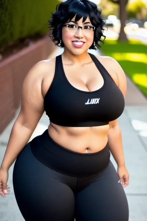 Best quality, sfw, Diandra Ortiz, short girl, twenties, large breasts, black hair, short hair, chubby, bbw, friendly expression, glasses, latina, wide hips, fluffy black hair, no bangs black hair, leggings, sports bra, bbw latina wants your cock before going to the gym,
