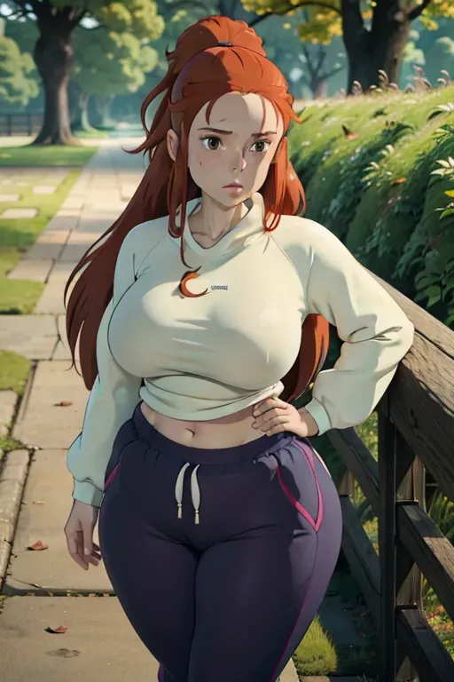 ghibli style, 1girl, large breasts, wide hips, pale skin, auburn hair, jogging, looking at viewer, long hair, ponytail, sweat pants, sweat shirt, ((masterpiece)) <lora:dpmg_ghibli_style:0.92>