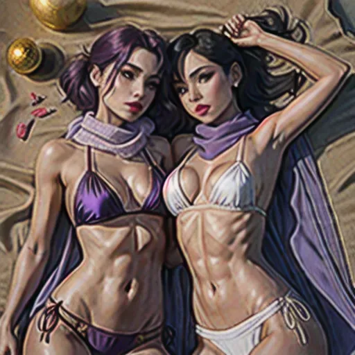 two women on a sandy beach by the ocean
the first woman is Vicca, short dark read hair, small breasts, dressed in hot pants and tight fitting blouse, toned body, abs, long legs, shy and innocent, high cheek bones
the second woman is Jade, blonde wild hair with moderate natural breasts bikini and transparent sundress, purple silken scarf around neck, beautiful lips, distinct eyeshadow and lipstick, very sexy, very thin, very erotic and sexual look, pointy nose
the second woman is Jade, a petite sexy japanese girl with moderate natural breasts and long purple hair in a ponytail reaching down to her ass, bikini and transparent sundress, purple silken scarf around neck, very detailed faces, beautiful lips with purple lipstick, distinct purple eyeshadow and lipstick, very sexy, very thin, very erotic and sexual look, pointy nose
both women are lying on stomach on towels, arched backs looking forward, stretching, working out, spread legs showing ass, very detailed and beautiful faces, pussy camel toe and erect nipples are visible,
view from above, Vicca and Jade have different hair colours, even more clothes, wear sun jacket over bikini
best quality, high resolution, photorealistic, masterpiece, ultra realistic graphics, 16k,