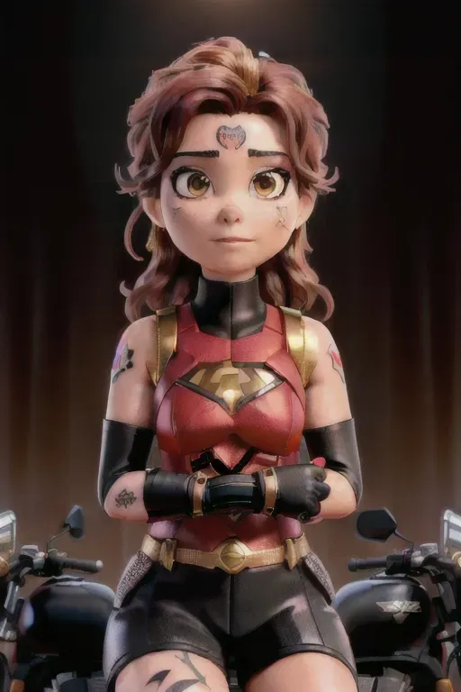 A 8k resolution photo shot of, Shania Twain,((((wearing detail short sleeve superhero costume in dark red and black with gold armor)))), (((heavy makeup))), ((((sitting on a motorbike)))),(((detailed hair features))),(((detailed facial features))),(((((looking at the camera))))),((beautiful dark red lips)),(detailed body features),(detailed arms features),(detailed thighs features),peaceful,textured skin,(((futuristic scene))),(((detailed natural lighting))),(((action stance))), ((((fingerless black gloves)))), ((((tattoos on both arms)))), star emblem on center of chest
