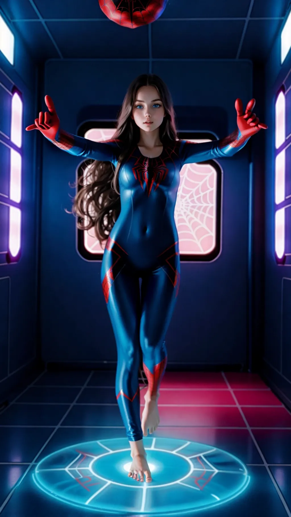 full-body image of a gorgeous barefoot girl with long hair and blue eyes wearing Spiderman outfit and gloves while on an alien spacecraft with scanning devices in the floor, sexy feet, barefoot, exposed face, exposed head, bare feet,