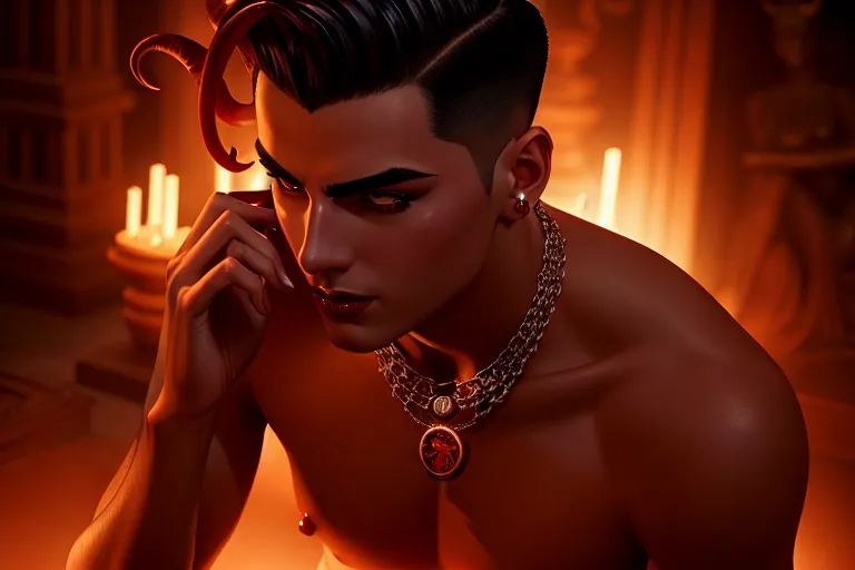 a digital art of,an devil,naked,sitting,in a temple,five slender fingers,undercut hair,charming face,beautiful lips,curved eyebrows,curved eyelid,wearing necklace,editorial,artstation,cinematic lighting,surreal,sharp focus