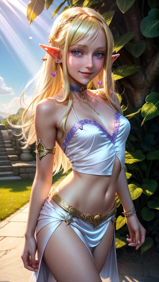 High fantasy, <lora:dpmg_add_detail:1>, Exploring and playing my front yard by a busy fantasy slave market, the female elf who is a (barely legal) adult, she has a ((silk choker)) around her neck. She has extremely long blonde hair, moderate sized breasts and fair skin, ((pierced ears)) and is wearing a (white short crop top and thigh length microskirt). She is walking around the yard with a big bright happy smile on her face when she looks at me. crepuscular rays, ((heart eyes))
closeup of face