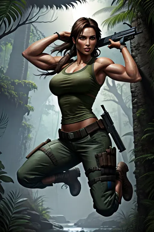 Dopamine Girl Lara Croft Jumping From A Jeep Blue Lara Clothing Big Muscles Jungle