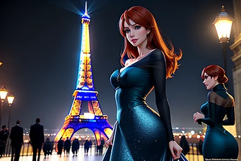 two figures.
low angle shot,very low dim eerie light,
long shot, front view, night time in Paris.
innocent sweet, excited, Anna of Arendelle 37 years old, Nordic, dressed in dark green dress attire, large natural round blue eyes, long auburn hair, sweet face, warm smile, beautiful lips, soft curved eyebrows, smaller modest breasts, no glasses, no sunglasses.
With Elsa platinum hair, blue dress,
visiting the Eiffel Tower.
five fingers per hand, ultra realistic, pixiv, unreal engine, bokeh, reduced saturation, adult