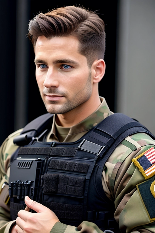 realistic_photo, photorealism, god, male, european, brown_hair, blue_eyes, (((tactical_military_clothes))), tactical_top, tactical_pullover, realistic, solo_focus, smile, sfw, safe_for_work, muscular, masculine, male, guy, ((front_view)), , eye_contact, frontal_pose, salute, frontal body view