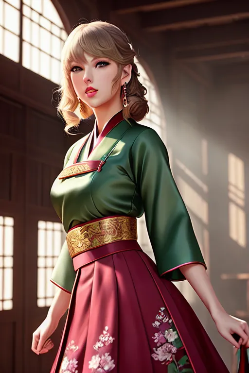 a photograph of,taylor swift,wearing hanbok,arched back pose,indoor,five slender fingers,gorgeous face,beautiful lips,green eyes,curved eyebrows,curved eyelid,erotic,wearing necklace,surreal,pixiv,highly detailed,unreal engine,ultra realistic