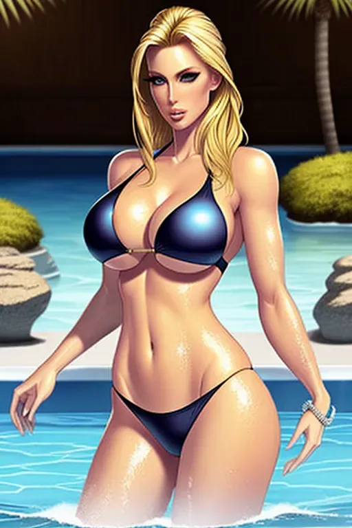 a hyper realistic picture of a blond woman in a two piece bathing suit