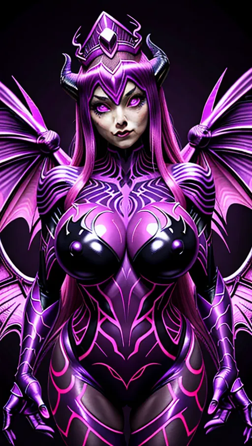 best quality, ultra high res, detailed face and eyes, perfect face, big shining heart choker, earrings, jewelry, very long voluminous hair, (pink glowing hair:1.2), lipstick, purple long sleeves, purple glowing heart, demon mark, straight hair, (huge boobs:1.3), black demon horns, very very long hair, perfect face and eyes, straight hair, sexy succubus girl, pink glowing eyes, (demon wings:1.4), big glowing cameltoe, (purple corrupted symbiote suit:1.5), dark background, (pink glowing demon diadem:1.4), (dark spiked crown:1.2), (thick succubus tail:1.3), demon tail, (pink glowing heart pasties:1.2), standing straight, shiny leather, purple leather skin, purple skin