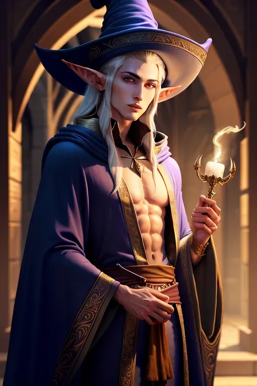 a young male elf, wizard, wearing a robe and an oversized witches hat.