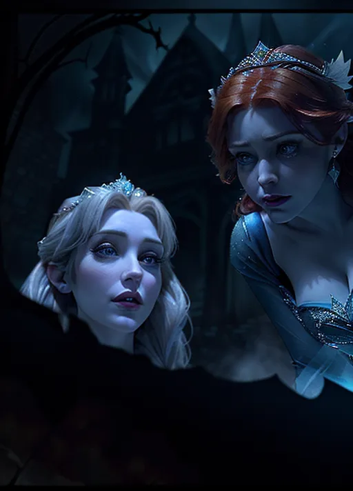 low angle close-up Beautiful terrified auburn haired Queen Anna and platinum haired Elsa of Arendelle exploring the very dark cramped spooky cobwebbed halls of a haunted house A ghost looming up behind them. photorealistic.