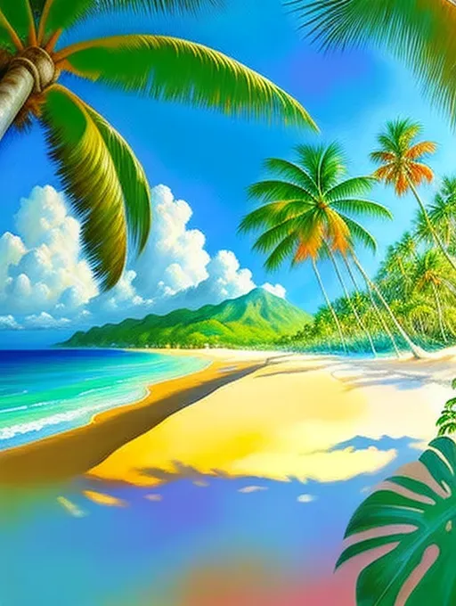 tropical beach painted in impressionist style, strong composition
