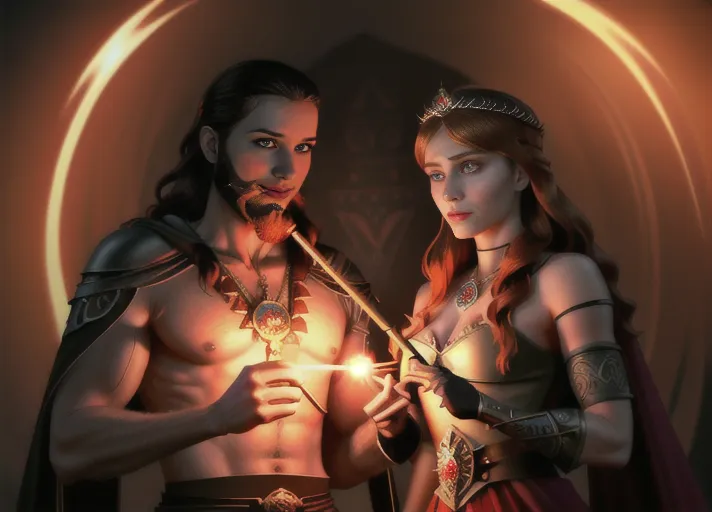 Two figures, Beautiful Nordic Queen Anna of Arendelle portrayed by Elizabeth Lail with auburn hair sparkling blue eyes being hypnotized and enslaved by the tall gaunt Arabic black haired with long twisted goatee beard masculine evil sorcerer wilding a hypnotic cobra-headed staff, Jaffar dressed in black and red. photorealistic.