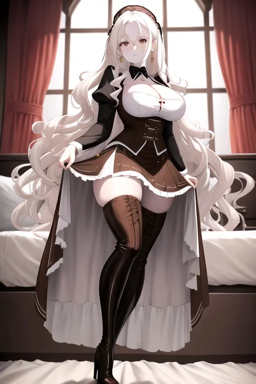 brown maid uniform, wavy hair, long hair, white hair, brown eyes, high heels, miniskirt, in bedroom, 4k, looking at viewer, pov, 1girl, cleavage, giant breasts, pale skin, earrings, thigh high boots