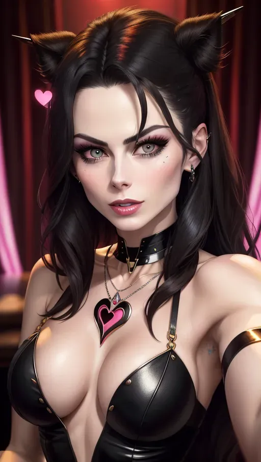 (Lena Meyer-Landrut), heart nipple patches, heart choker, heart necklace, succubus, (colored picture), black hair, perfect tits, long hair, face closeup, detailed face and eyes, selfie