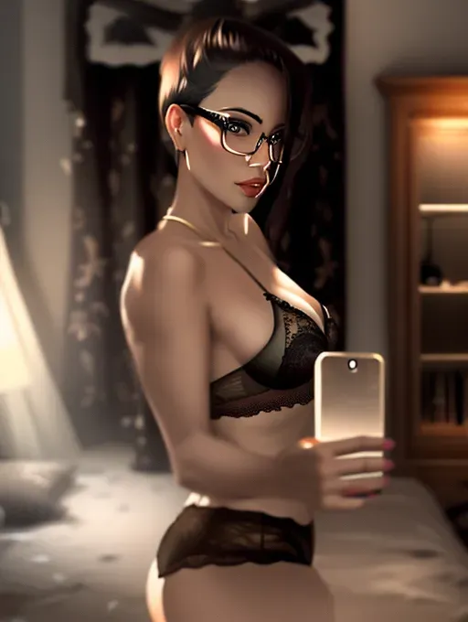 Short girl, mirror selfie, blurry background, glasses, black lace lingerie, 1 arm up,