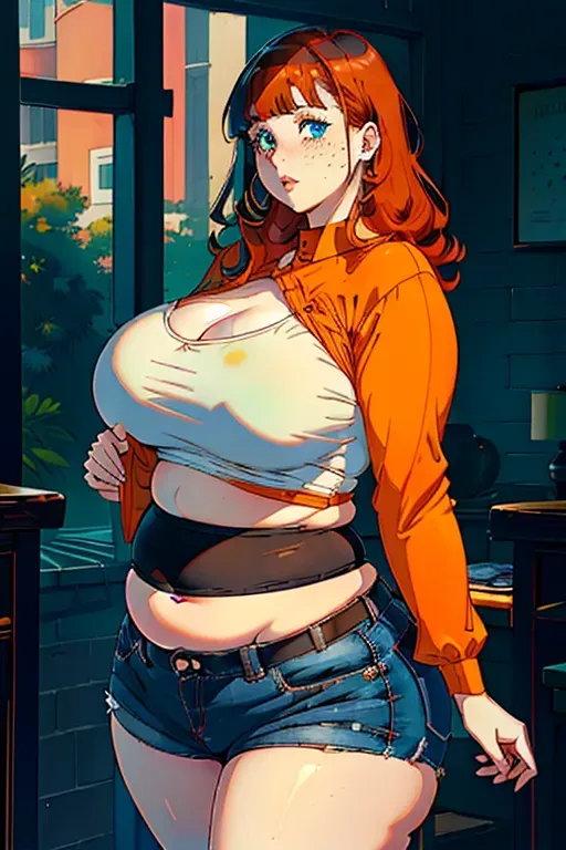two
girls standing, ((girl1: ssbbw girl, muffintop, short, orange hair, short hair, green eyes, freckles, pale skin, big belly, wide hips, small breasts, flat chest, thicc, fat, wide waist, white shirt, croptop, jeans)), ((girl2: ssbbw girl, muffintop, tall, dark brown hair, bangs, long hair, blue eyes, pale skin, huge belly, fat belly, huge hips, wide hips, obese, overweight, fat, thicc, huge breasts, huge butt, fat butt, wide waist, big belly, big stomach, fat belly, black polo shirt, long sleeve, black pants, black fast food uniform)), high res, high resolution, simple background