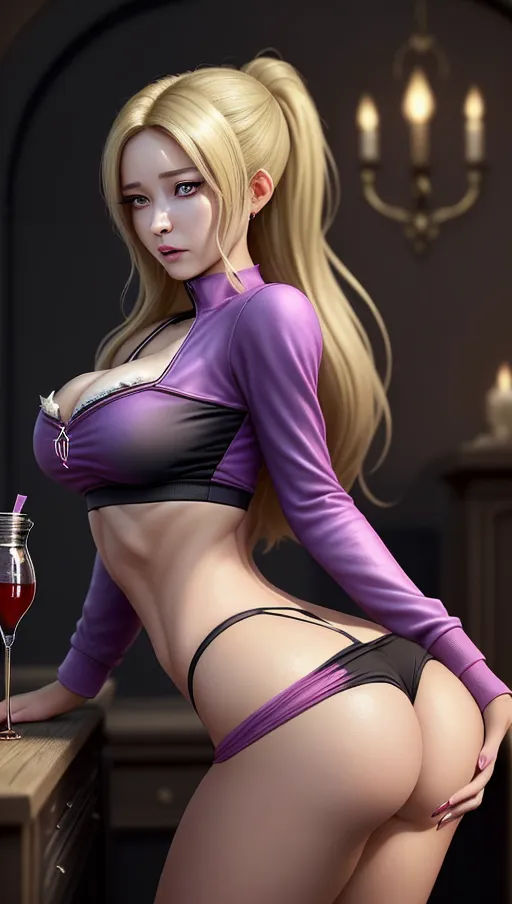 The image is of a 20 year old woman who got her hands on a special potion. That potion is called bimbo potion. When it touches the skin of a woman, they are immediately transformed. Their face becomes prettier, their body becomes sexier, their breasts become bigger and more firm, their hair grows, and becomes more luscious, and the woman herself becomes more horny and loving sex. Our woman who was handling the potion, but accidentally got 3 drops on herself. She didnt intend to transform herself, but she accidentally has. she has become prettier, sexier, and hornier. Make the image look as realistic as possible. It should look like a real human, not a cartoon or a painting. It should look like an actual photo. Also, the woman has clothes on. She is very petite before the potion takes effect. Shes wearing tight athleisure clothing, but with her midriff being shown and cleavage as well. The potion does not change her clothing at all. As the potion takes its effect, her breasts grow from a size A to C. She becomes slightly more lean, and her butt becomes more round and defined as well. This is impressive, as she has a petite frame. Her hair grows from shoulder length to reaching her butt, and as it grows it becomes more layered and luscious. It goes from brown to blonde. Her face becomes much prettier and attractive. All the while, she is slightly surprised at what is happening, but it feels euphoric. She welcomes the changes, and loves how her libido is rising. show her after the potion took effect. The right should show her after her transformation. She is now sexy, beautiful, horny, and happy that the transformation happened.