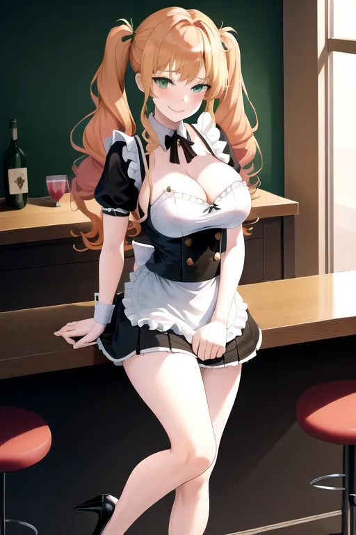 <lora:dpmg_skirt_tug:1>, 1girl, clothes tug, strawberry blonde hair, green eyes, black maid uniform, bar, pale skin, giant breasts, high heels, serving drinks, long hair, wavy hair, masterpiece, best quality, highly detailed, smiling, pov, looking at viewer, miniskirt, showing cleavage, realistic, erotic, low pigtails