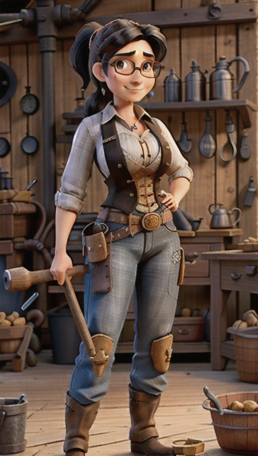 A cowgirl around her thirties in a blacksmith workshop wearing western-like clothes and holding a hammer, black hair, pony tail, glasses, black eyes, tall, steampunk