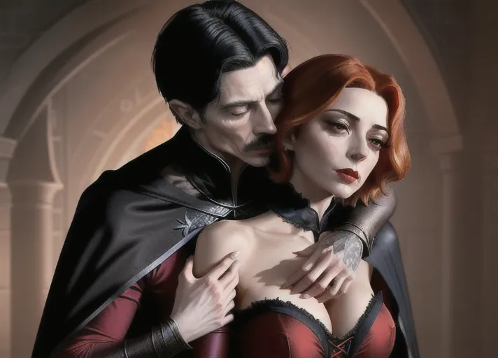 an older distinguished short black-haired masculine Dracula with very high collared cape, embracing Beautiful elegant auburn haired in a low bun Queen Anna of Arendelle portrayed by Willa Holland deeply hypnotized and enthralled, fingering recent bitemarks on her neck from behind kissing her neck. PHOTOREALISTIC.