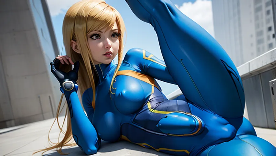 Samus Aran, blue fully body suit, small breasts, huge bulge in crotch,